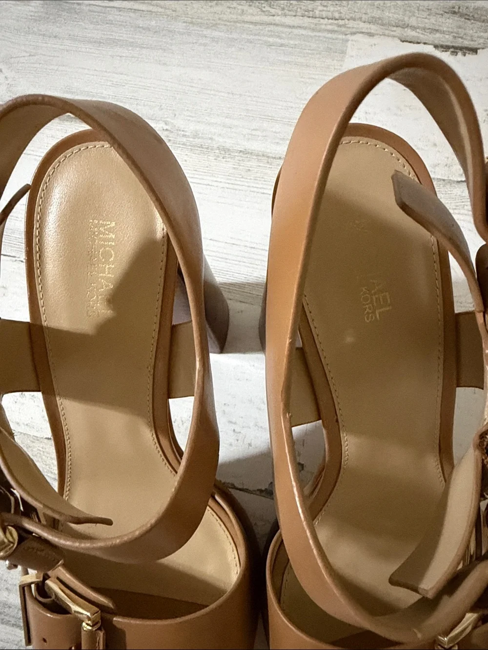 MICHAEL Michael Kors Tan Colby  Platform Block Heel Sandals with Gold Buckles